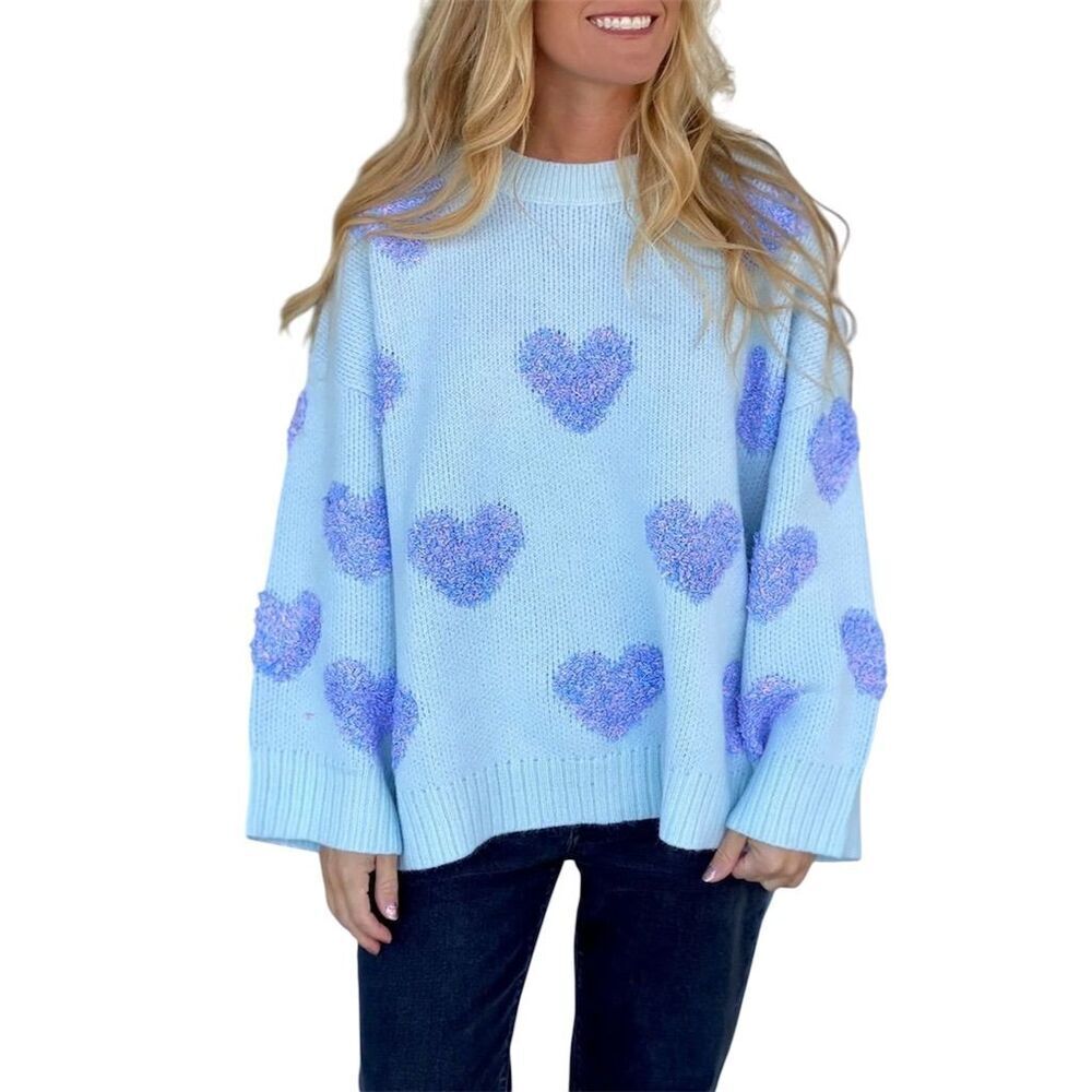 Peach Love California L Blue Heart Pullover Sweater Soft Cozy Comfy Winter